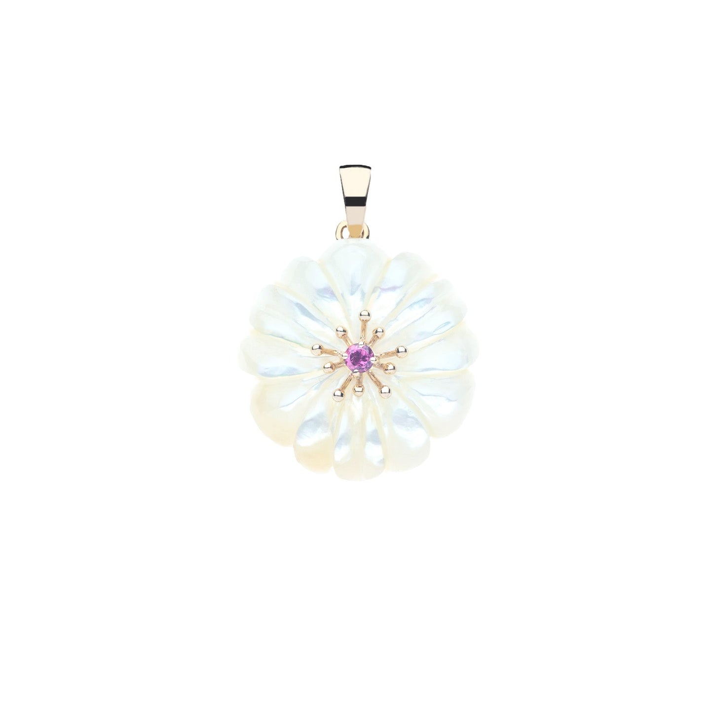 JOY Mother of Pearl Carved Daisy Pendant in Solid Gold