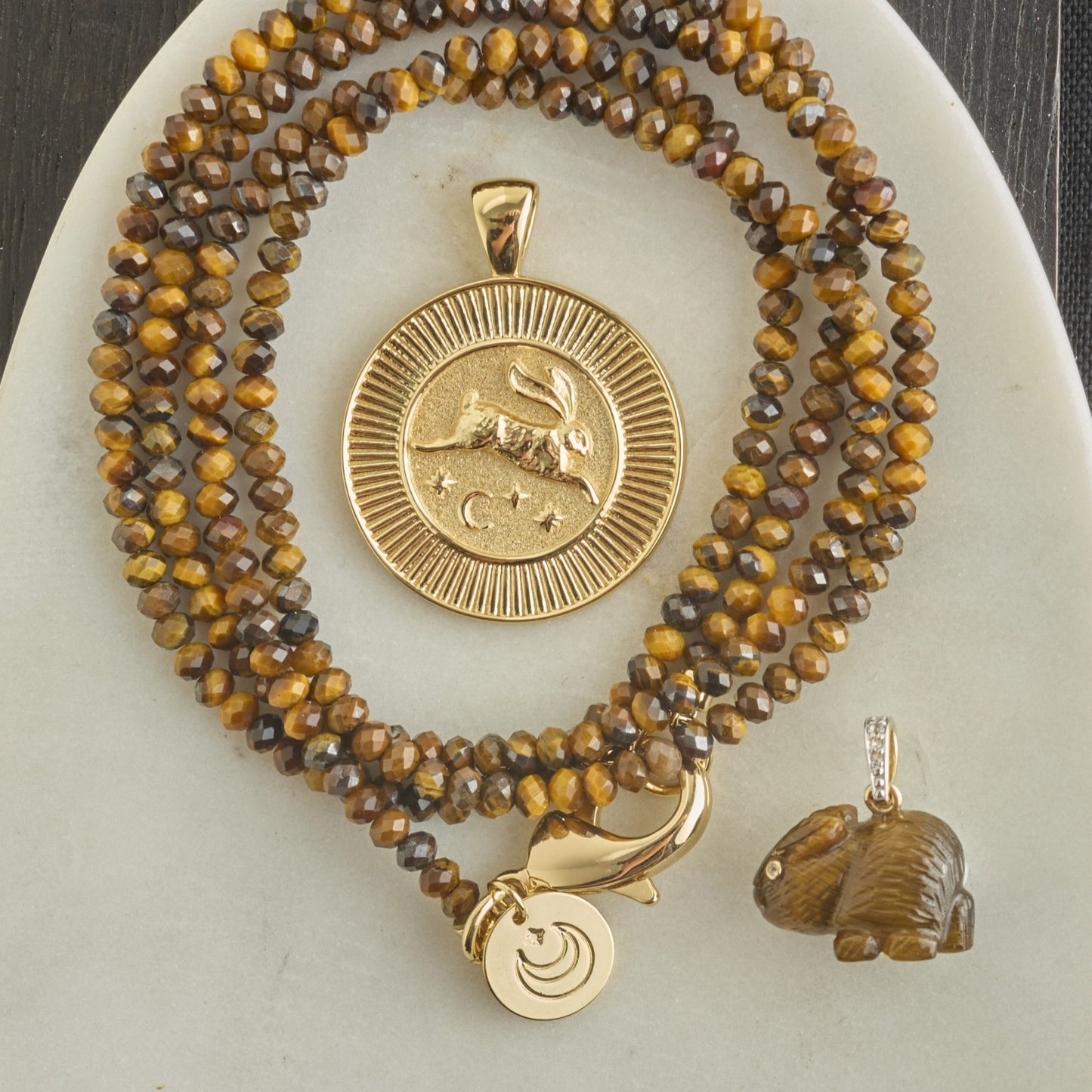 LUCKY Carved Tiger's Eye Rabbit Pendant in Solid Gold